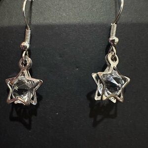 Star Rhinestone Charm Silver Tone Hook Earrings